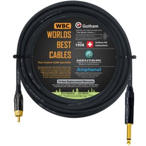 worlds best cables 40 foot – ts to rca cable – gotham gac-1 ultra pro low- capacitance instrument cable & neutrik np2x-b & amphenol acpl-cbk gold plugs - custom made