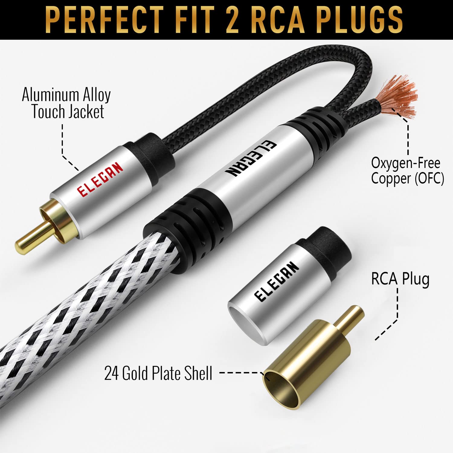 Elecan Premium RCA Cable 6 Ft (Hi-Fi Sound-16 AWG-Shielded) 2 RCA Male to 2 RCA Male Stereo Audio Cable, Gold Plated-Aluminum Alloy Shell-Pure Copper-Braided RCA Cord for Home Theater Speakers + Ties