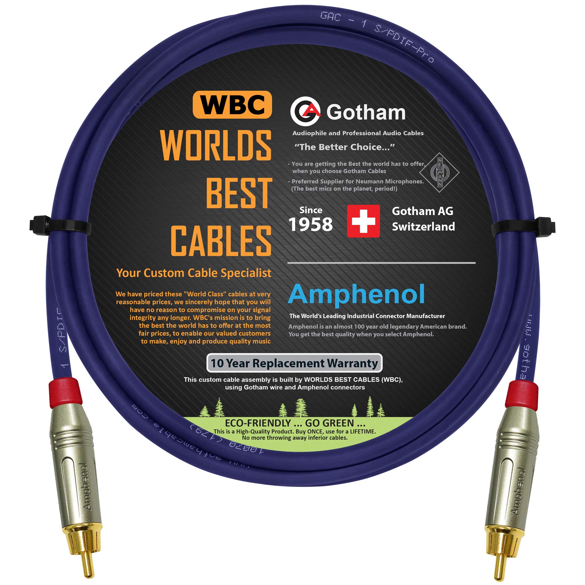 WORLDS BEST CABLES 2.5 Foot SPDIF Cable – Gotham GAC-1 S/PDIF-Pro (Ultrablue) High-End Silver Plated LCOFC Digital Audio Interconnect Cable & Amphenol ACPR-SRD Gold RCA Plugs - CUSTOM MADE