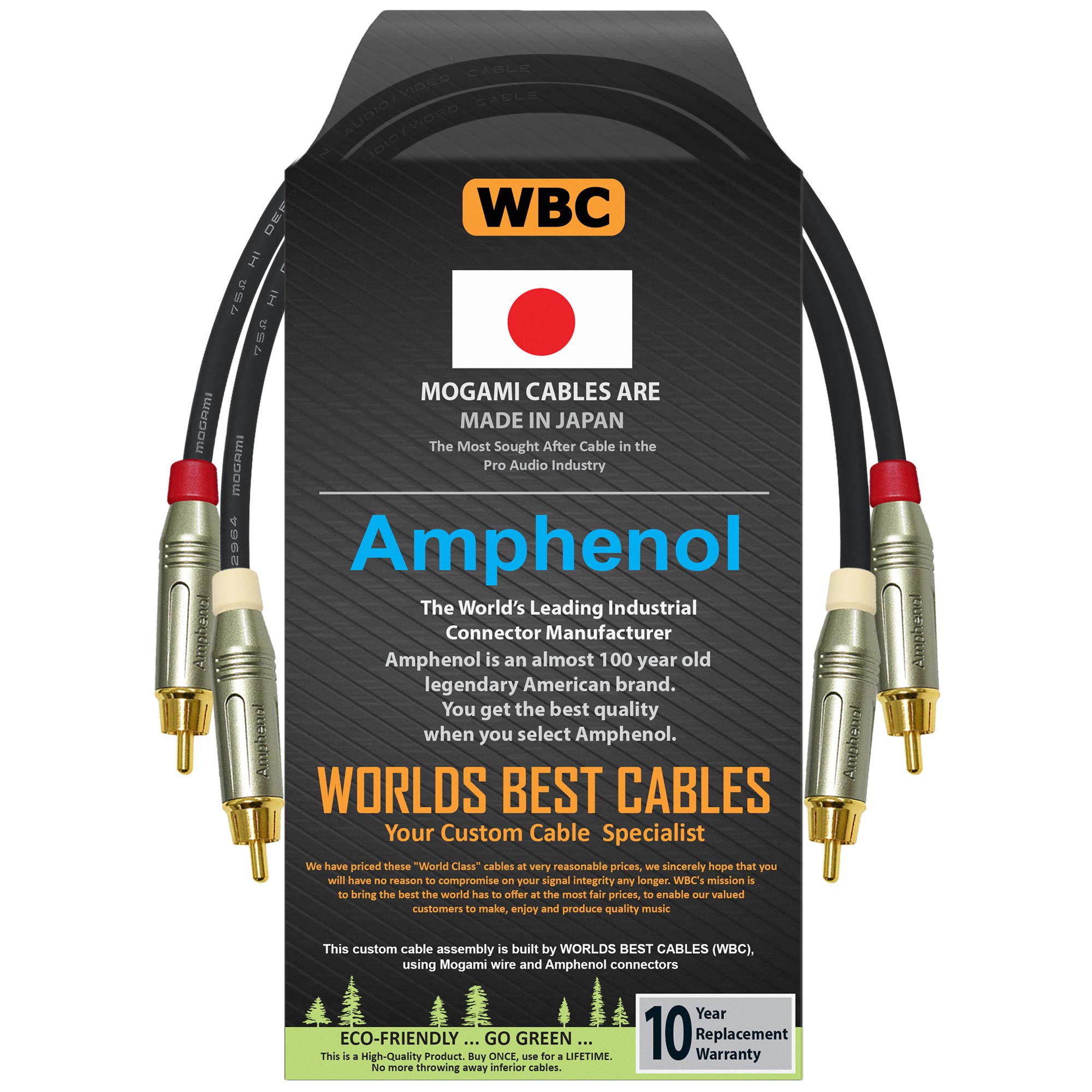 WORLDS BEST CABLES - 1 Foot - High-Definition Audio Interconnect Cable Pair CUSTOM MADE using Mogami 2964 wire and Amphenol ACPR Die-Cast, Gold Plated RCA Connectors