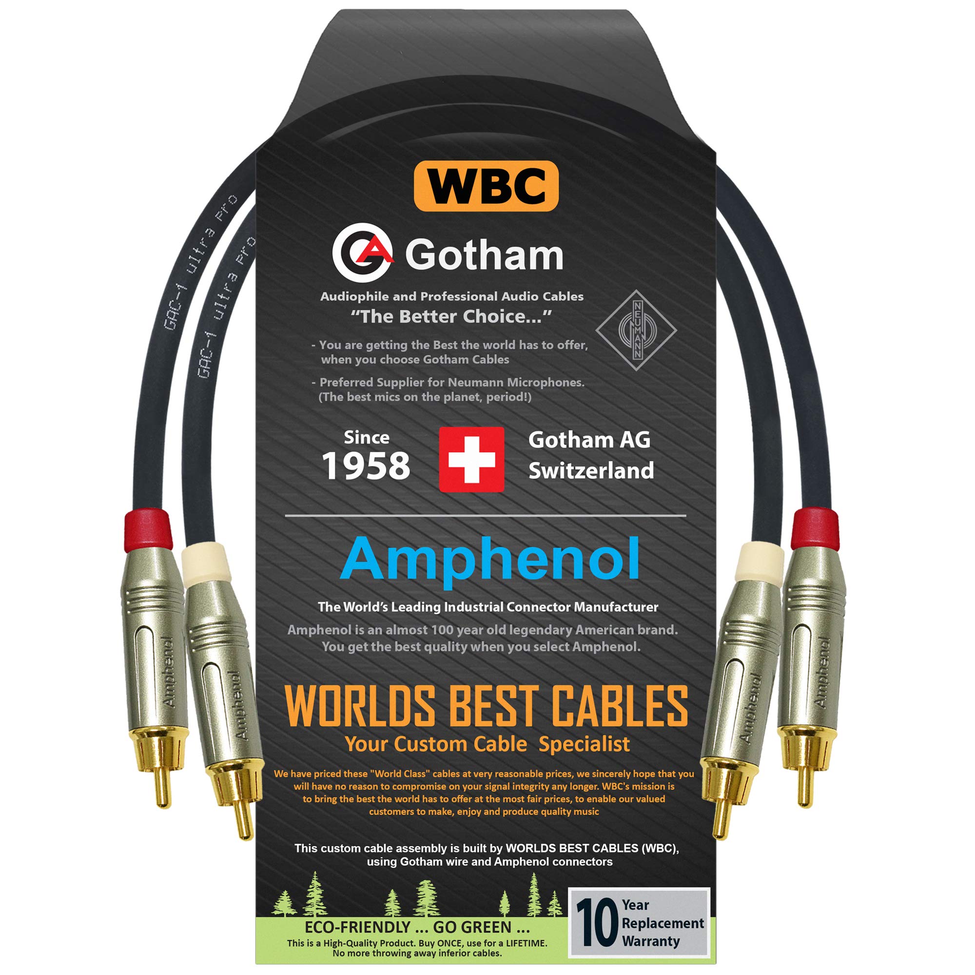 0.5 Foot RCA Cable Pair - Gotham GAC-1 Ultra Pro - Low-Cap (21pF/ft) Audio Interconnect Cable with Amphenol ACPR Die-Cast, Gold Plated RCA Connectors