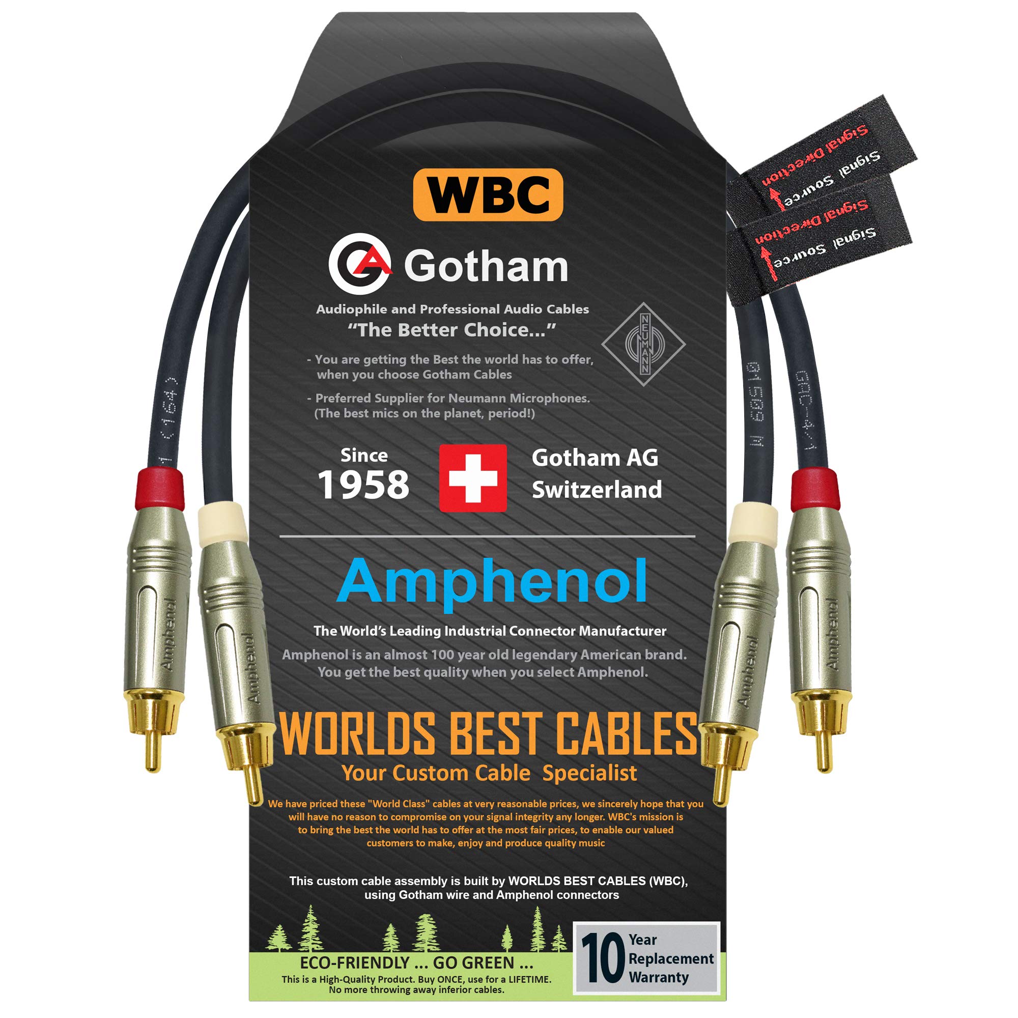 0.5 Foot RCA Cable Pair - Gotham GAC-4/1 (Black) Star-Quad Audio Interconnect Cable with Amphenol ACPR Die-Cast, Gold Plated RCA Connectors - Directional