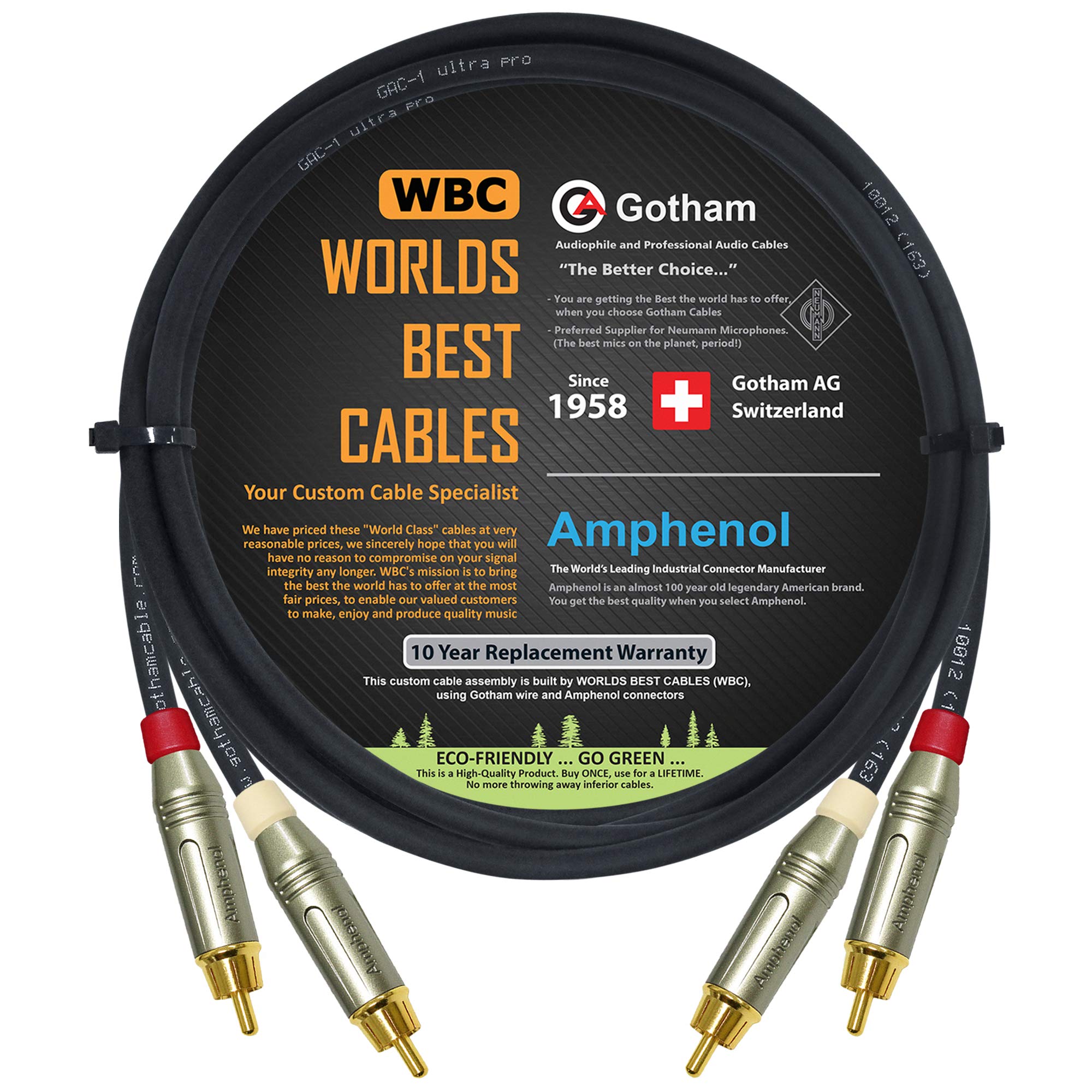 2 Foot RCA Cable Pair - Gotham GAC-1 Ultra Pro - Low-Cap (21pF/ft) Audio Interconnect Cable with Amphenol ACPR Die-Cast, Gold Plated RCA Connectors