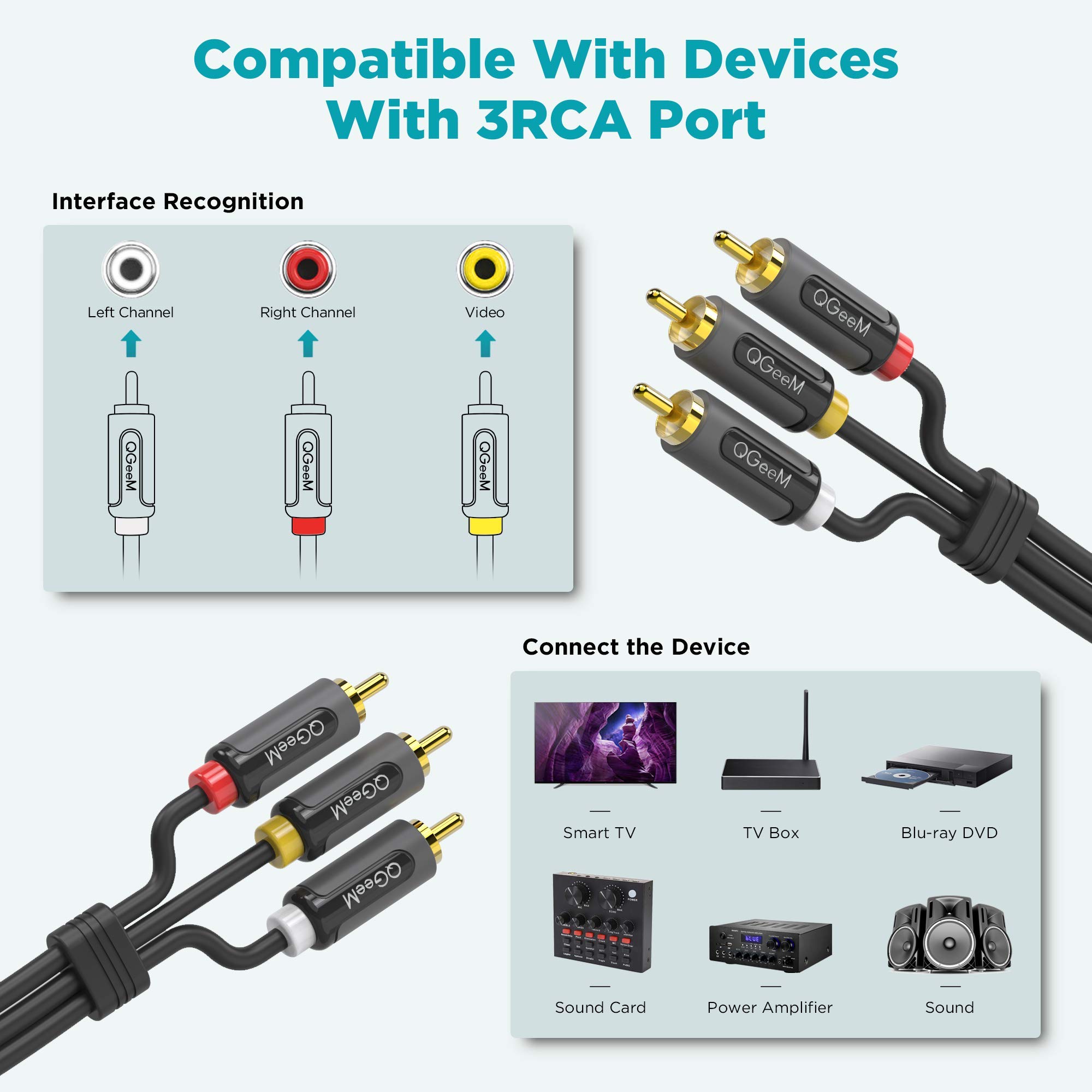 RCA Stereo Cable 6FT,QGeem 3RCA to 3RCA Cable,Digital & Analogue,Double-Shielded for Headphones,Home System,Car Stereo, iPods, iPhones,MP3 Players and More,RCA Stereo Audio Cable