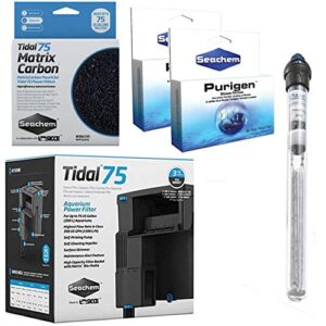 tidal seachem 75 power filter, matrix carbon, purigen & heatup 150w heater freshwater bundle (5 items)