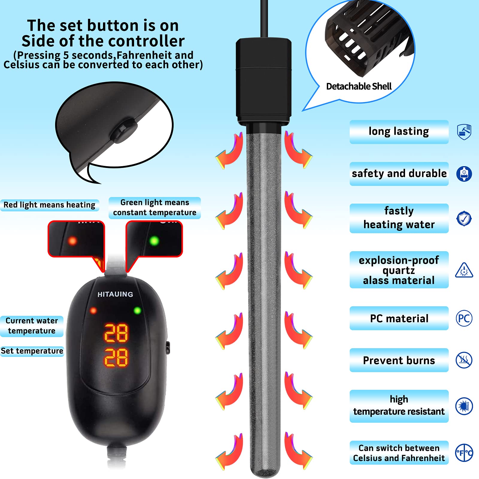 HiTauing Aquarium Heater, 50W/100W/200W/300W/500W Submersible Fish Tank Heater with Over-temperature Protection and Automatic Power-off When Leaving Water for Saltwater and Freshwater