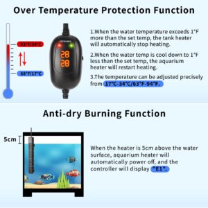 HiTauing Aquarium Heater, 50W/100W/200W/300W/500W Submersible Fish Tank Heater with Over-temperature Protection and Automatic Power-off When Leaving Water for Saltwater and Freshwater