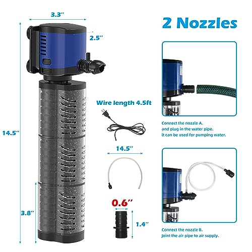 TARARIUM Fish Tank Filter Powerful 400GPH for 75-200 Gallon Large Aquarium Small Pond Fountain, Wave-maker Submersible Water Pump Turtle Tank Filter for Saltwater & Freshwater System