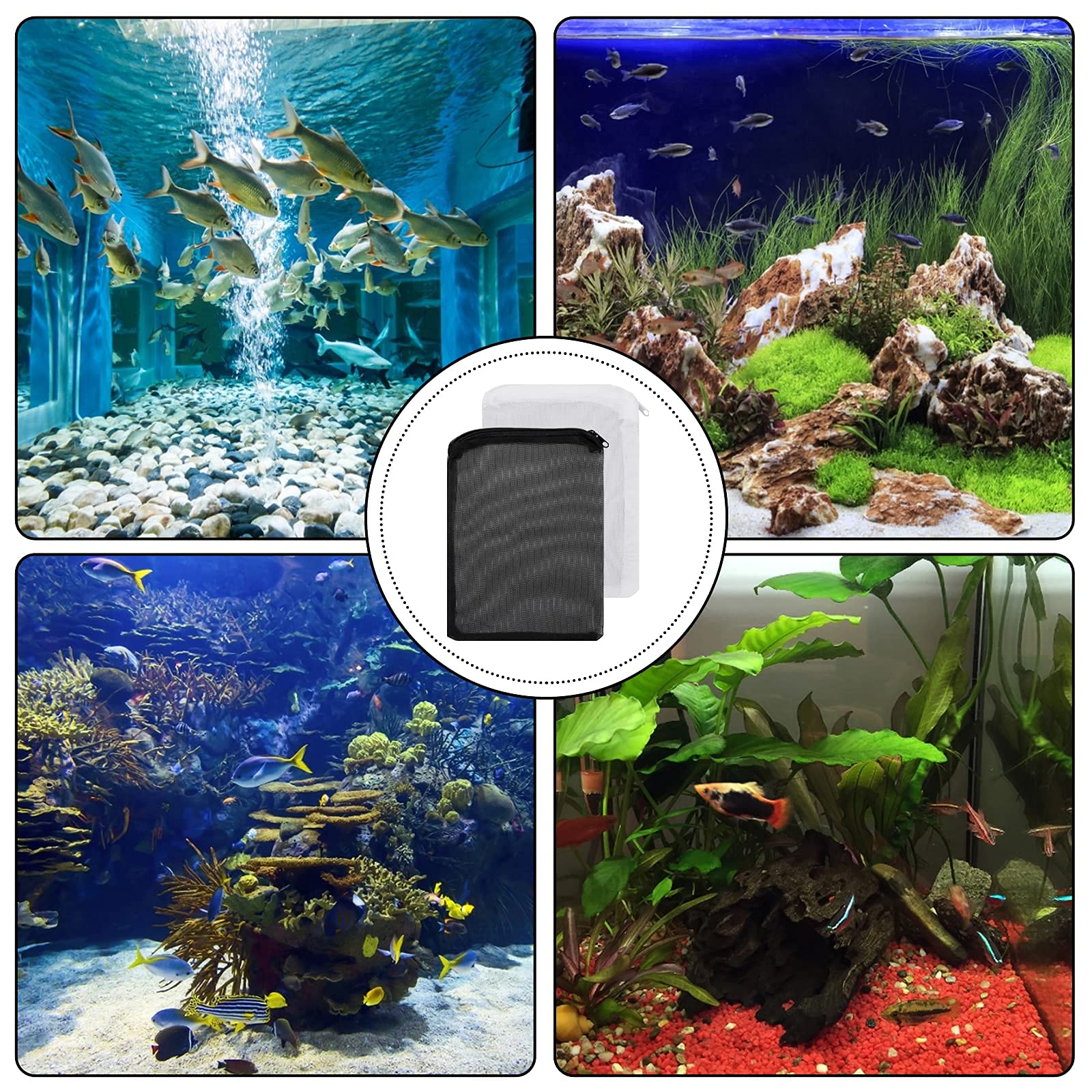 Molain Aquarium Filter Bags- 10Pcs High Flow Fish Tank Media Mesh Filter Bag Fine Mesh Net with Plastic Zipper for Fish Tank Bio Balls, Pelletized Carbon -Mesh Hole 1mm (5Pcs Black+5Pcs White)