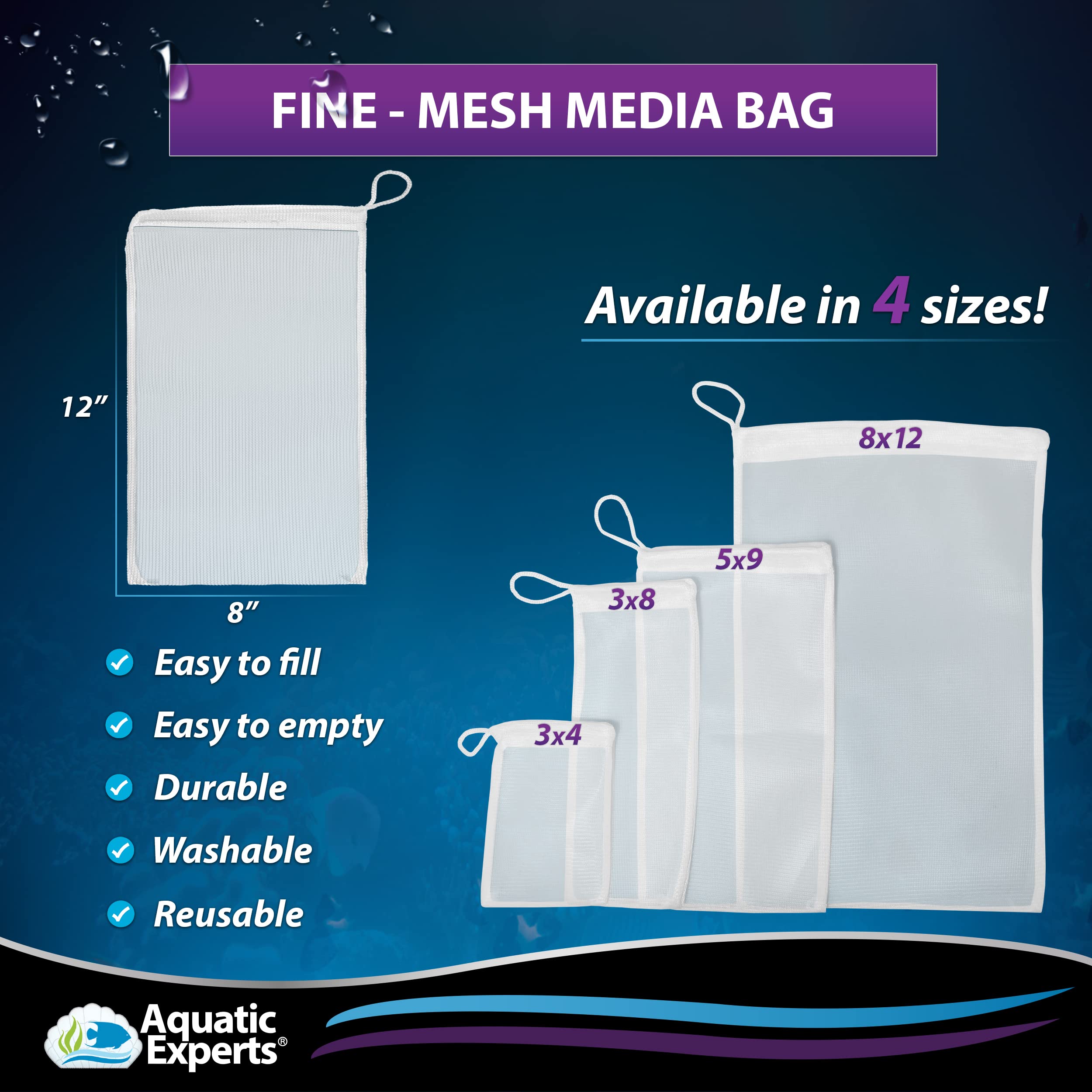 Fine Aquarium Media Bag - Durable Filter Bags for Fish Tank, Secure Drawstring Filter Media Bag, Media Bags for Aquarium by Aquatic Experts (Fine, 8" x 12" - 3 pack)