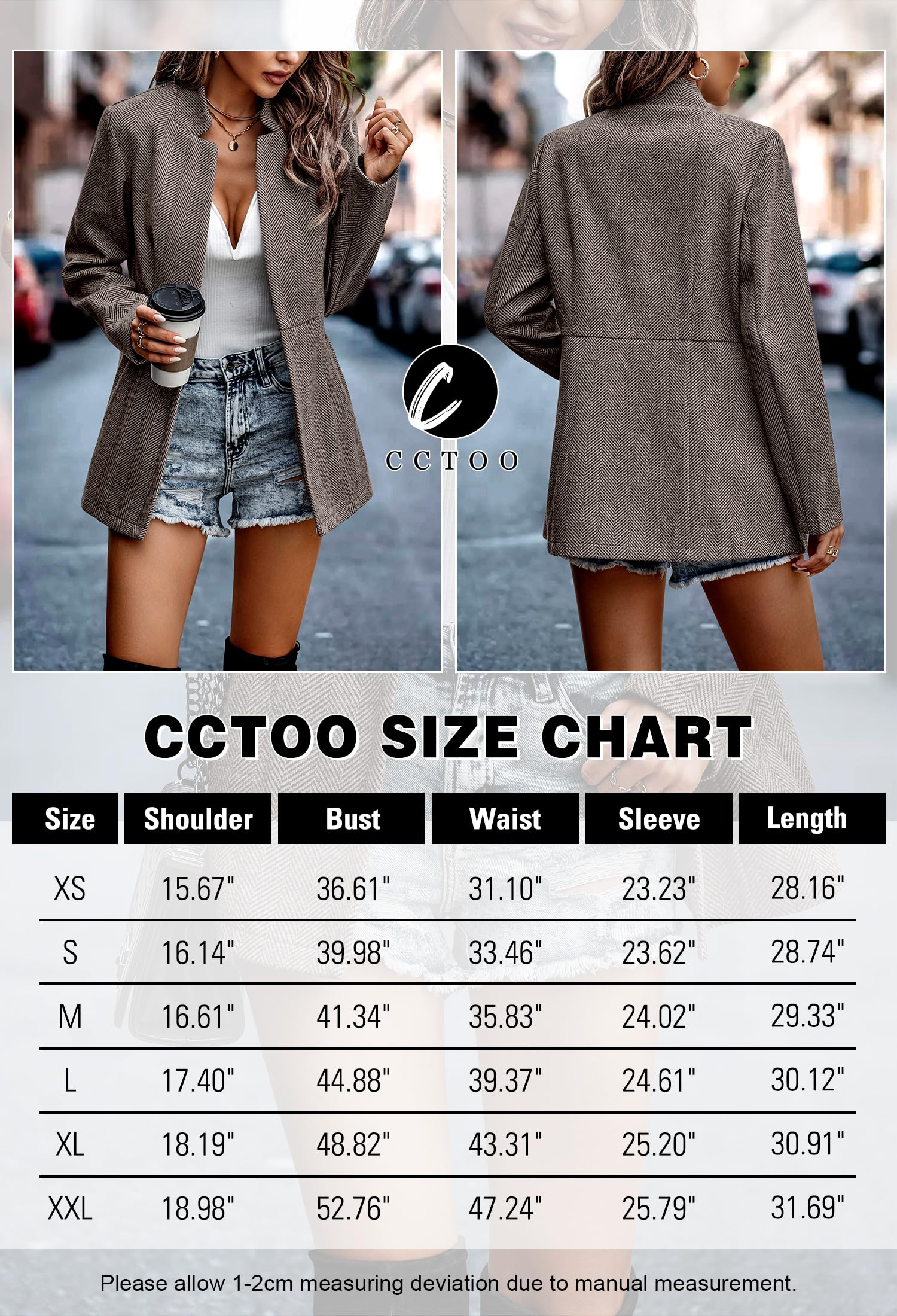 CCTOO Women's Coat Casual Open Front Blazer Long Sleeve Stand Collar Solid Trench Business Work Office Jacket Outwear Coffee X-Small