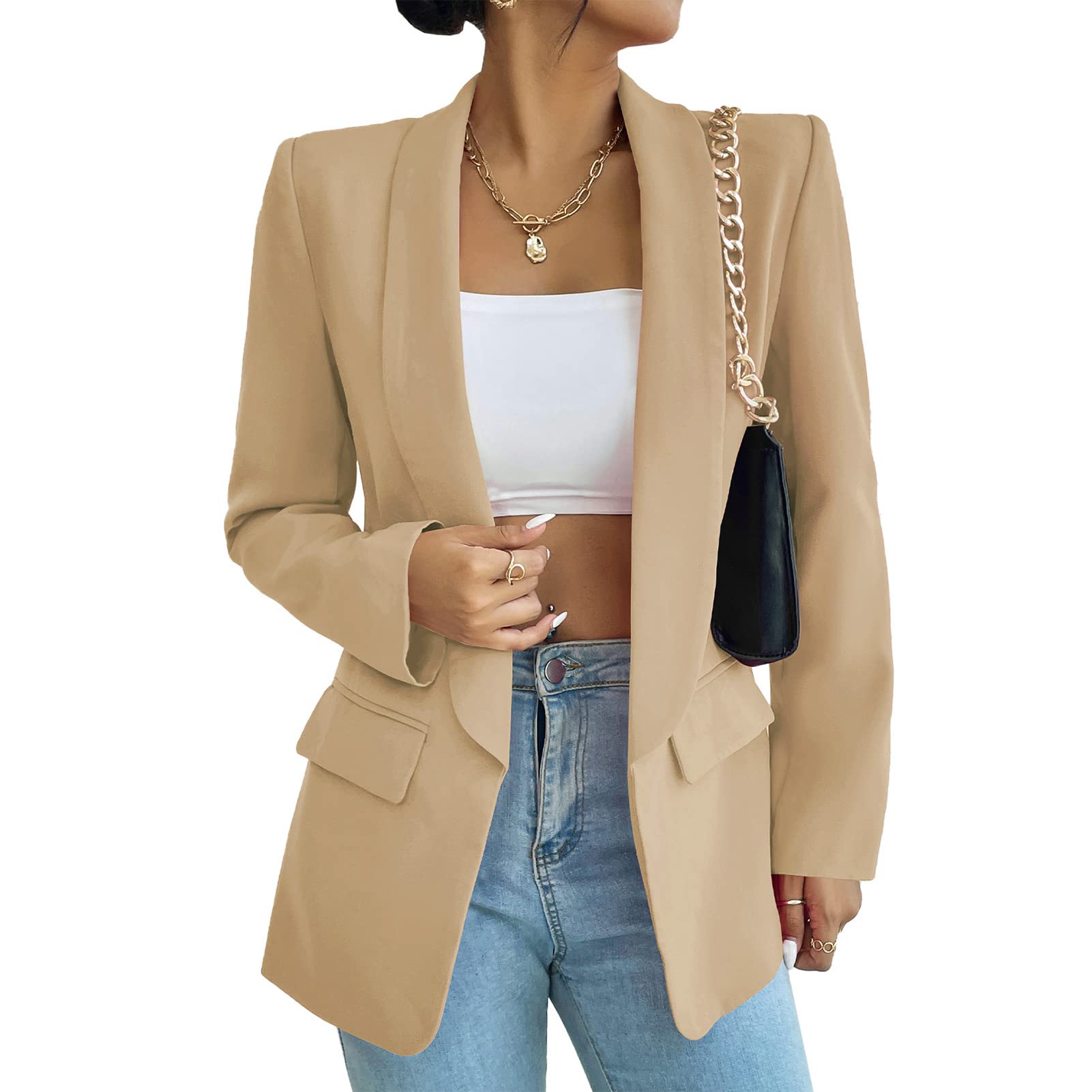 Womens Casual Blazers Open Front Long Sleeve Blazer Work Office Pockets Jackets Khaki Medium