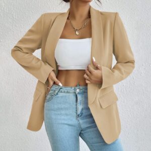 Womens Casual Blazers Open Front Long Sleeve Blazer Work Office Pockets Jackets Khaki Medium