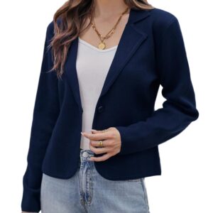 Women Causal Lightweight Sweater Blazers Cropped Dressy Cardigan Jacket Notch Collar Knit Blazer Navy Blue M