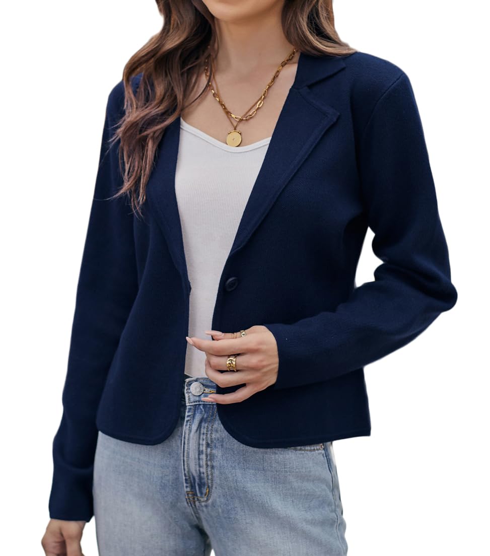 Women Causal Lightweight Sweater Blazers Cropped Dressy Cardigan Jacket Notch Collar Knit Blazer Navy Blue M