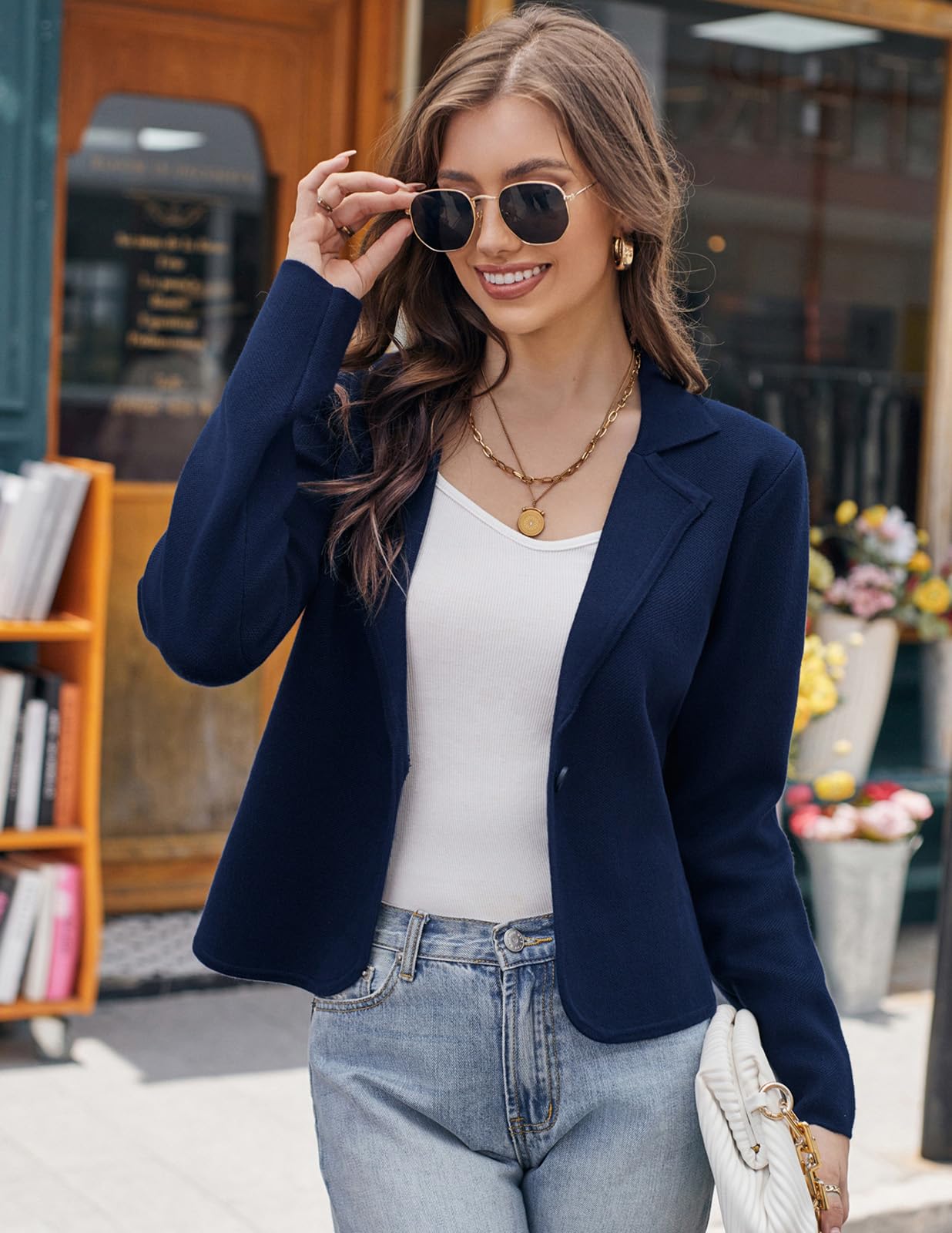 Women Causal Lightweight Sweater Blazers Cropped Dressy Cardigan Jacket Notch Collar Knit Blazer Navy Blue M