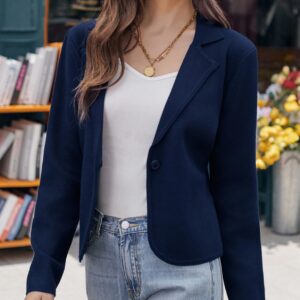 Women Causal Lightweight Sweater Blazers Cropped Dressy Cardigan Jacket Notch Collar Knit Blazer Navy Blue M