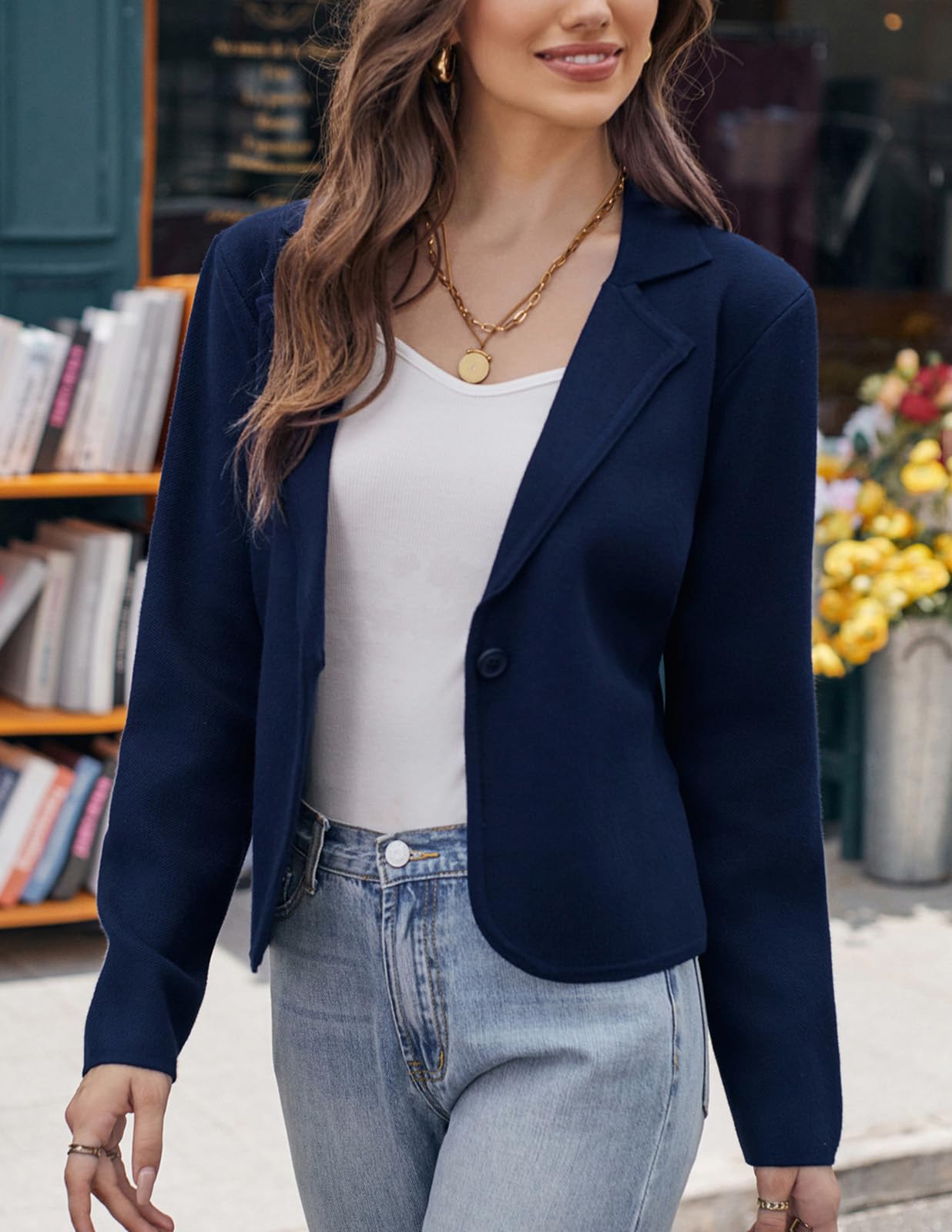 Women Causal Lightweight Sweater Blazers Cropped Dressy Cardigan Jacket Notch Collar Knit Blazer Navy Blue M