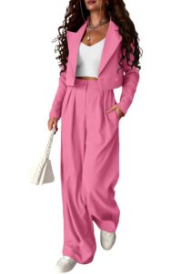 prettygarden women's 2 piece casual outfits cropped blazer jackets high waisted wide leg work pants suit set (pink,medium)