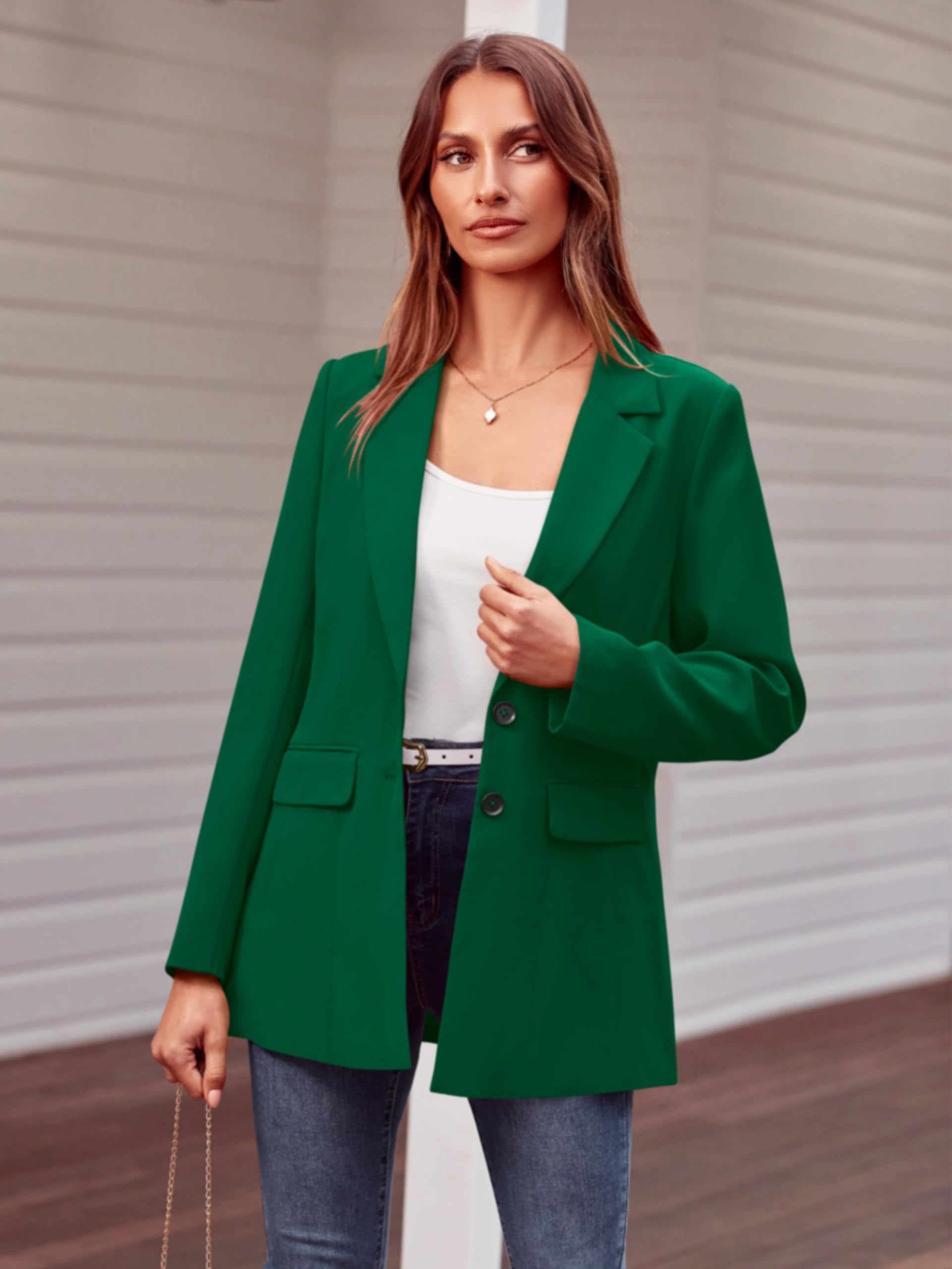 MASCOMODA Casual Blazer Jackets for Women 2024 Fall Long Sleeve Open Front Button Work Office Suit Jacket with Pockets(Green,Large)