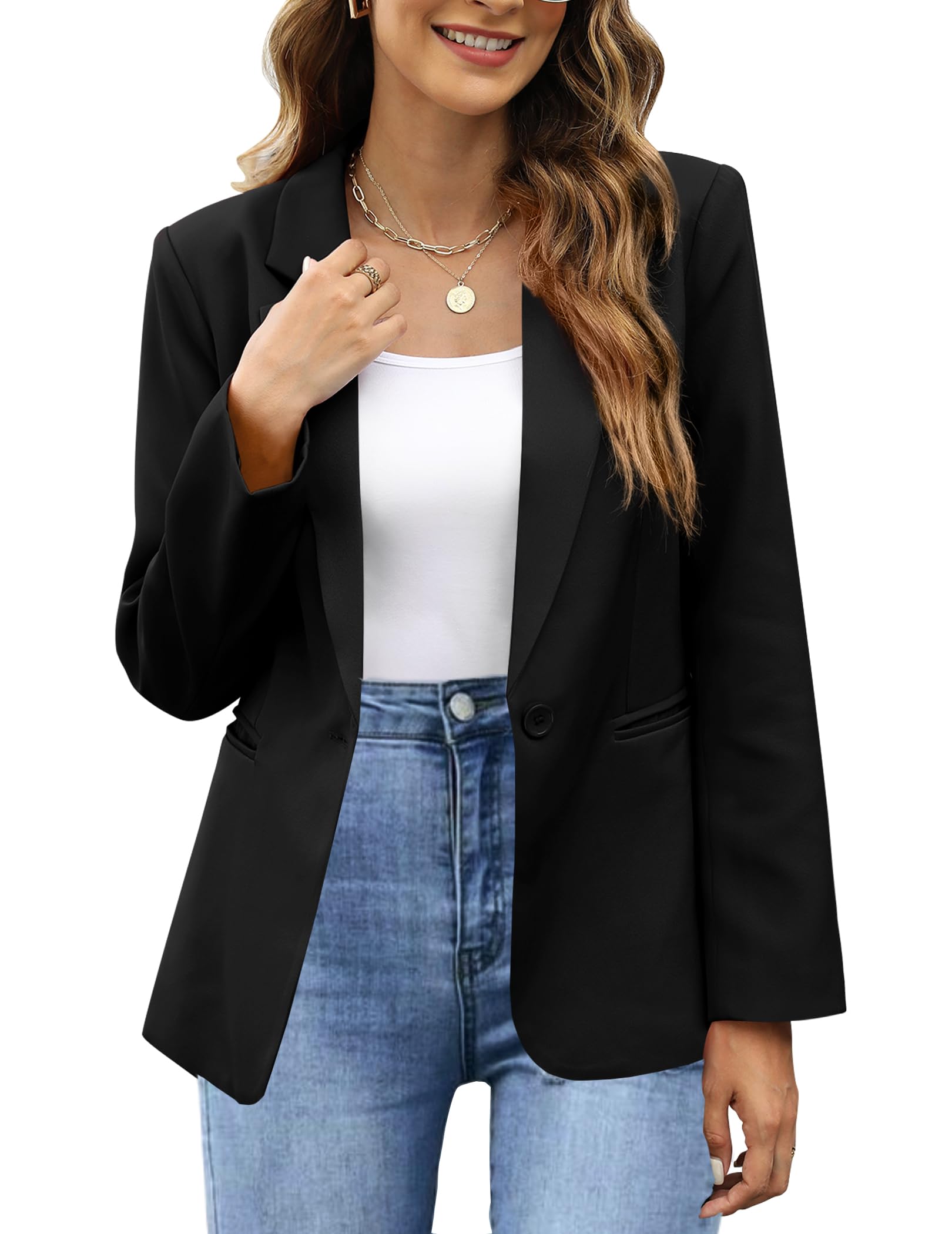 Sucolan Blazer Jackets for Women Open Front One Button Blazer Long Sleeve Office Blazers for Work Black M