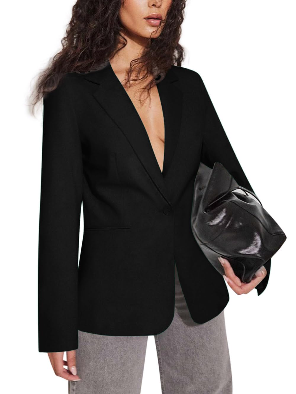 Sucolan Blazer Jackets for Women Open Front One Button Blazer Long Sleeve Office Blazers for Work Black M