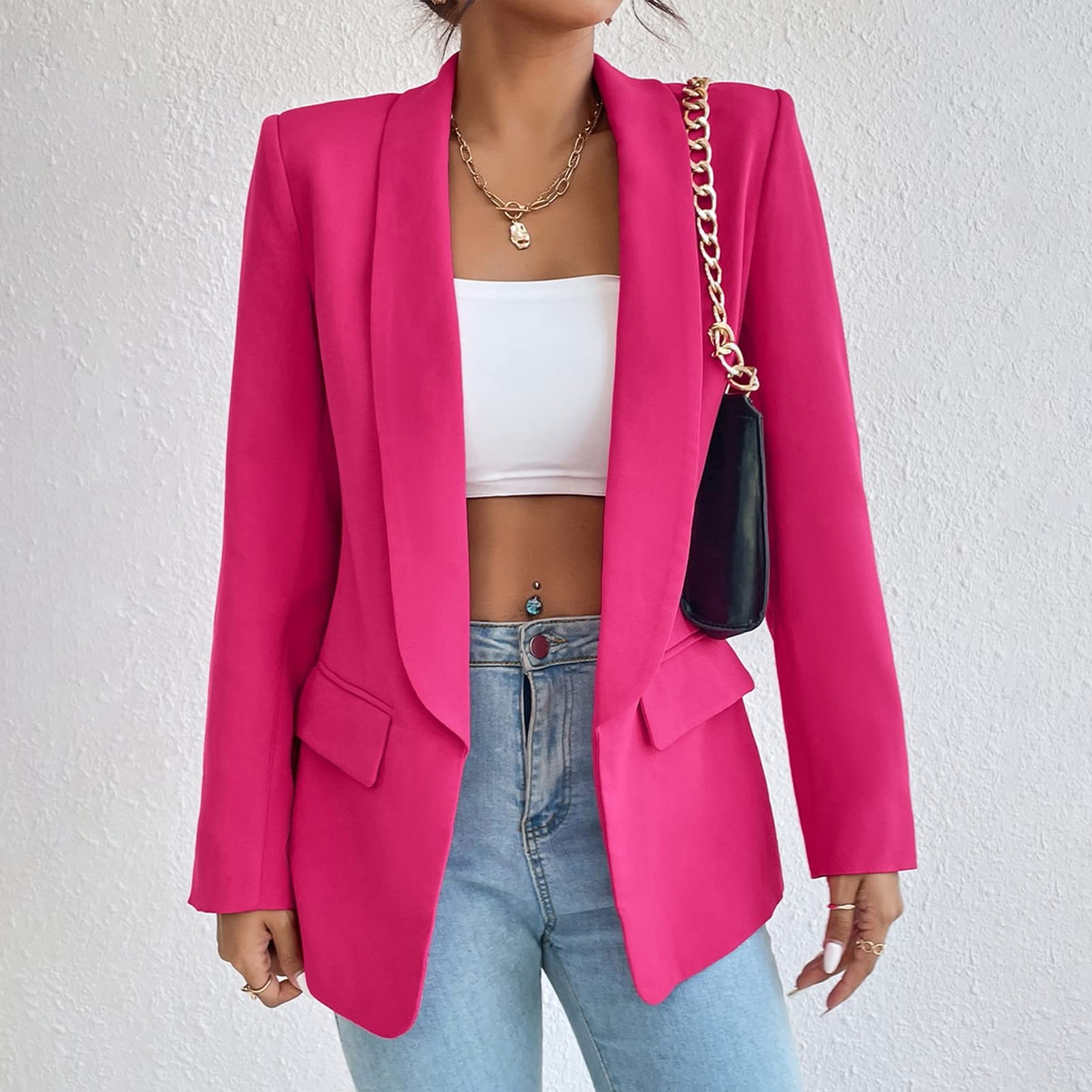 Womens Casual Blazers Long Sleeve Fashion Suit Jacket Open Front Lapel Collar Cardigan Rose M