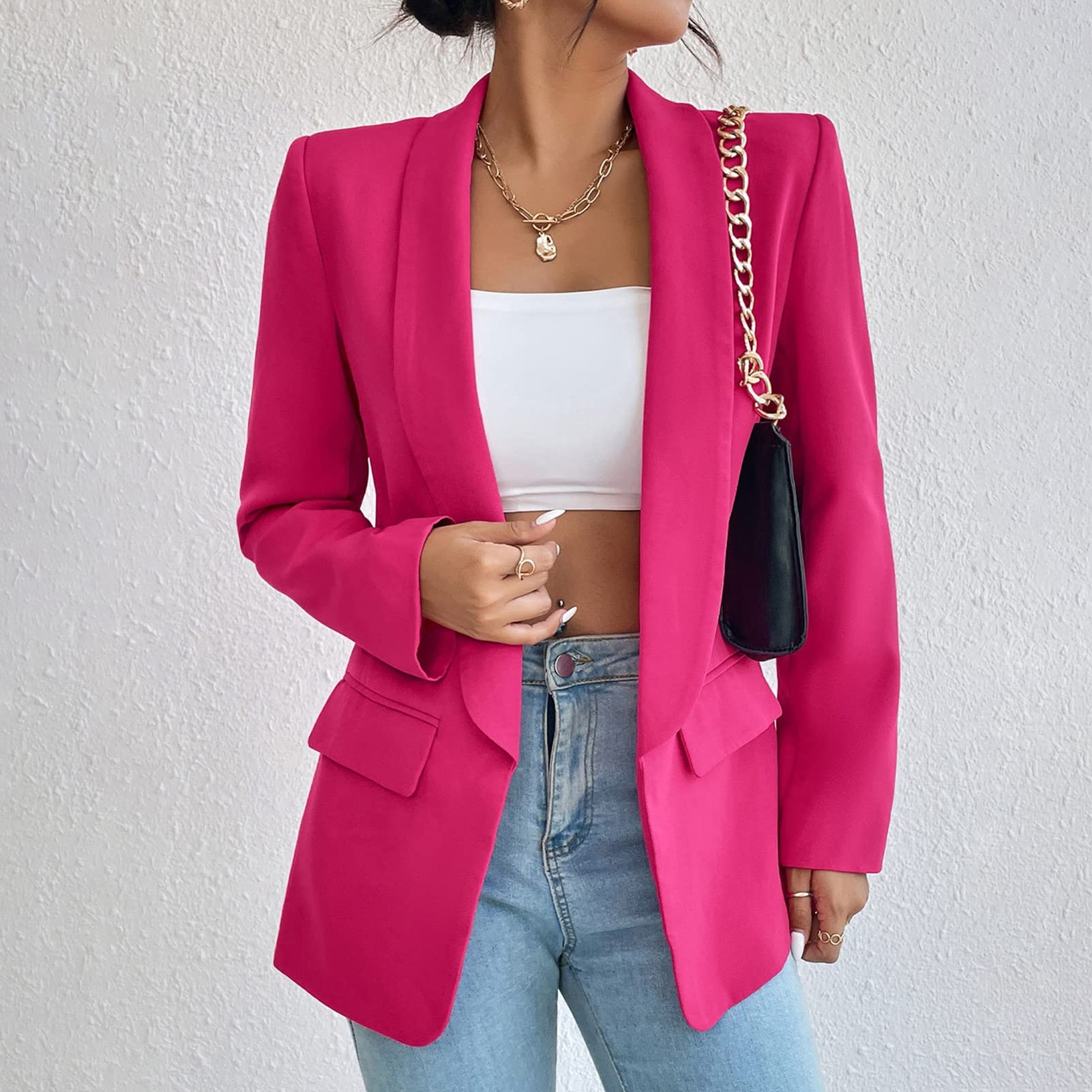 Womens Casual Blazers Long Sleeve Fashion Suit Jacket Open Front Lapel Collar Cardigan Rose M