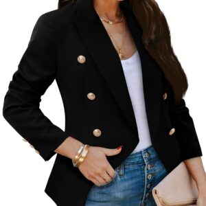 CRAZY GRID Womens Double Breasted Blazer Jackets Open Front Business Casual Suit Jacket Long Sleeve Dressy Blazer Lapel Gold Button Ladies Work Office Blazer Black Medium