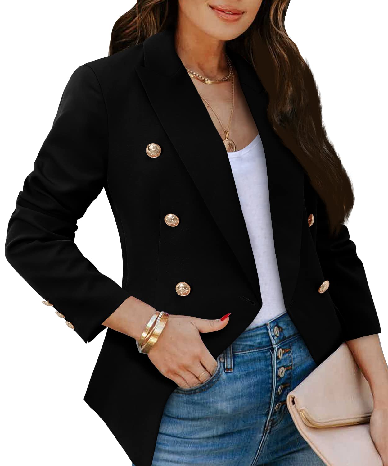 CRAZY GRID Womens Double Breasted Blazer Jackets Open Front Business Casual Suit Jacket Long Sleeve Dressy Blazer Lapel Gold Button Ladies Work Office Blazer Black Medium