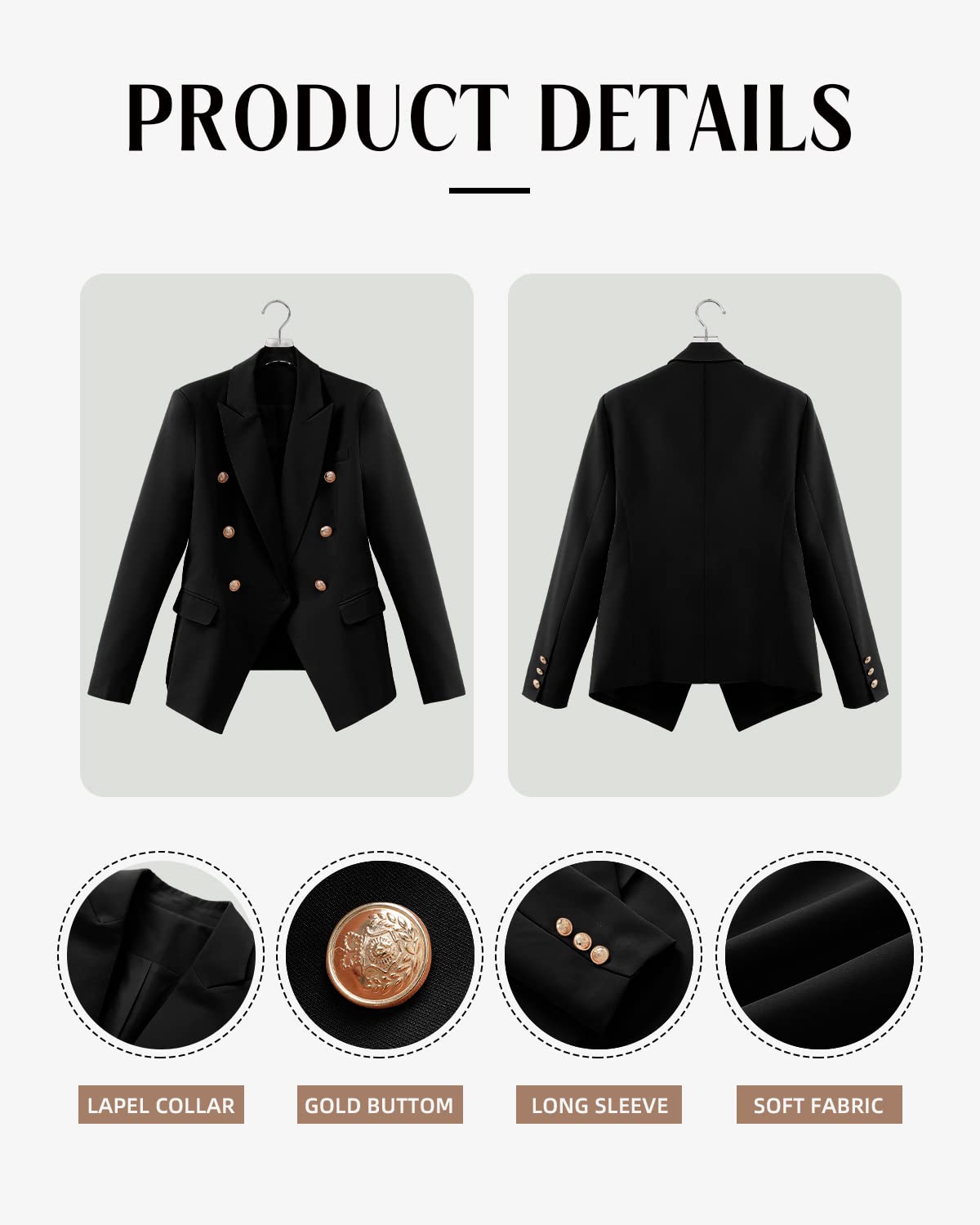 CRAZY GRID Womens Double Breasted Blazer Jackets Open Front Business Casual Suit Jacket Long Sleeve Dressy Blazer Lapel Gold Button Ladies Work Office Blazer Black Medium