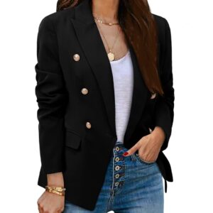 CRAZY GRID Womens Double Breasted Blazer Jackets Open Front Business Casual Suit Jacket Long Sleeve Dressy Blazer Lapel Gold Button Ladies Work Office Blazer Black Medium