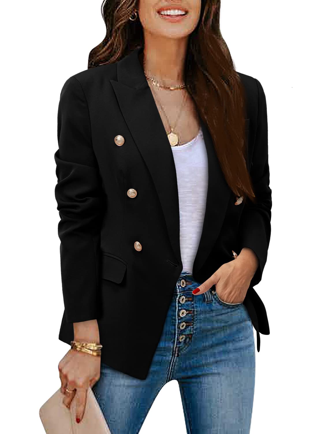 CRAZY GRID Womens Double Breasted Blazer Jackets Open Front Business Casual Suit Jacket Long Sleeve Dressy Blazer Lapel Gold Button Ladies Work Office Blazer Black Medium