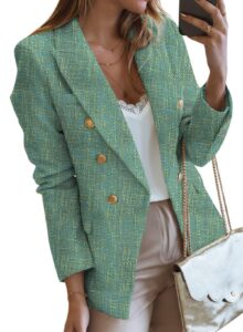 happy sailed womens tweed blazer jackets fashion double breasted lapel collar business blazers with pockets long sleeve open front office professional blazer work suits 2024 green medium