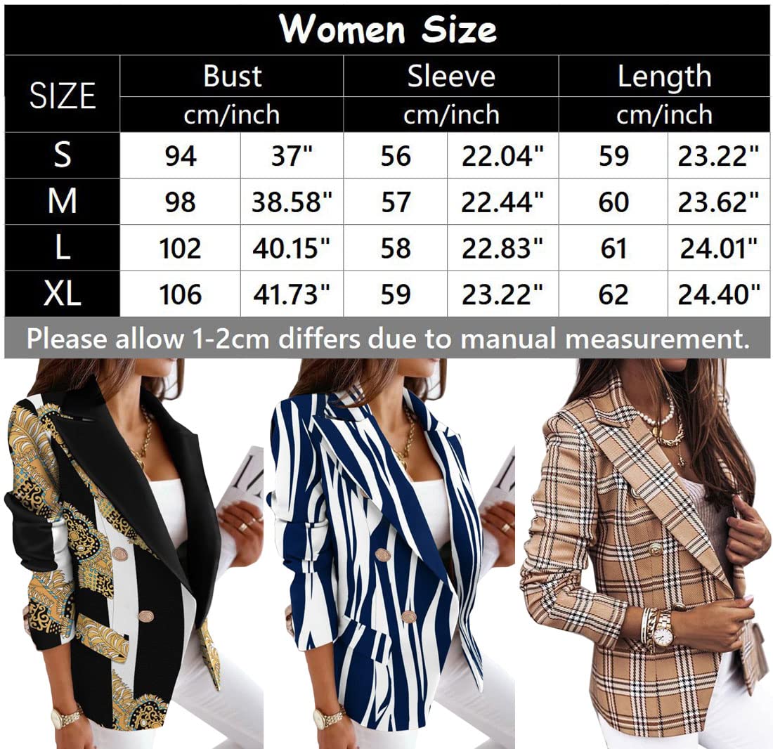 futurino Women's Casual Blazer Front Open Long Sleeve, Double Breasted Blazer Vintage Print Plaid Slim Suit for Women Khaki