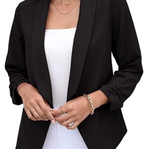 GRECERELLE Women's Blazer Suit Open Front Cardigan 3/4 Sleeve Fitted Jacket Casual Office Cropped Blazer Black-16