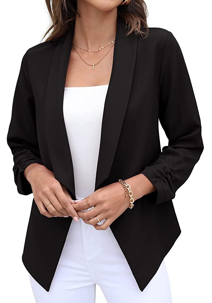 GRECERELLE Women's Blazer Suit Open Front Cardigan 3/4 Sleeve Fitted Jacket Casual Office Cropped Blazer Black-16