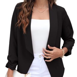 GRECERELLE Women's Blazer Suit Open Front Cardigan 3/4 Sleeve Fitted Jacket Casual Office Cropped Blazer Black-16