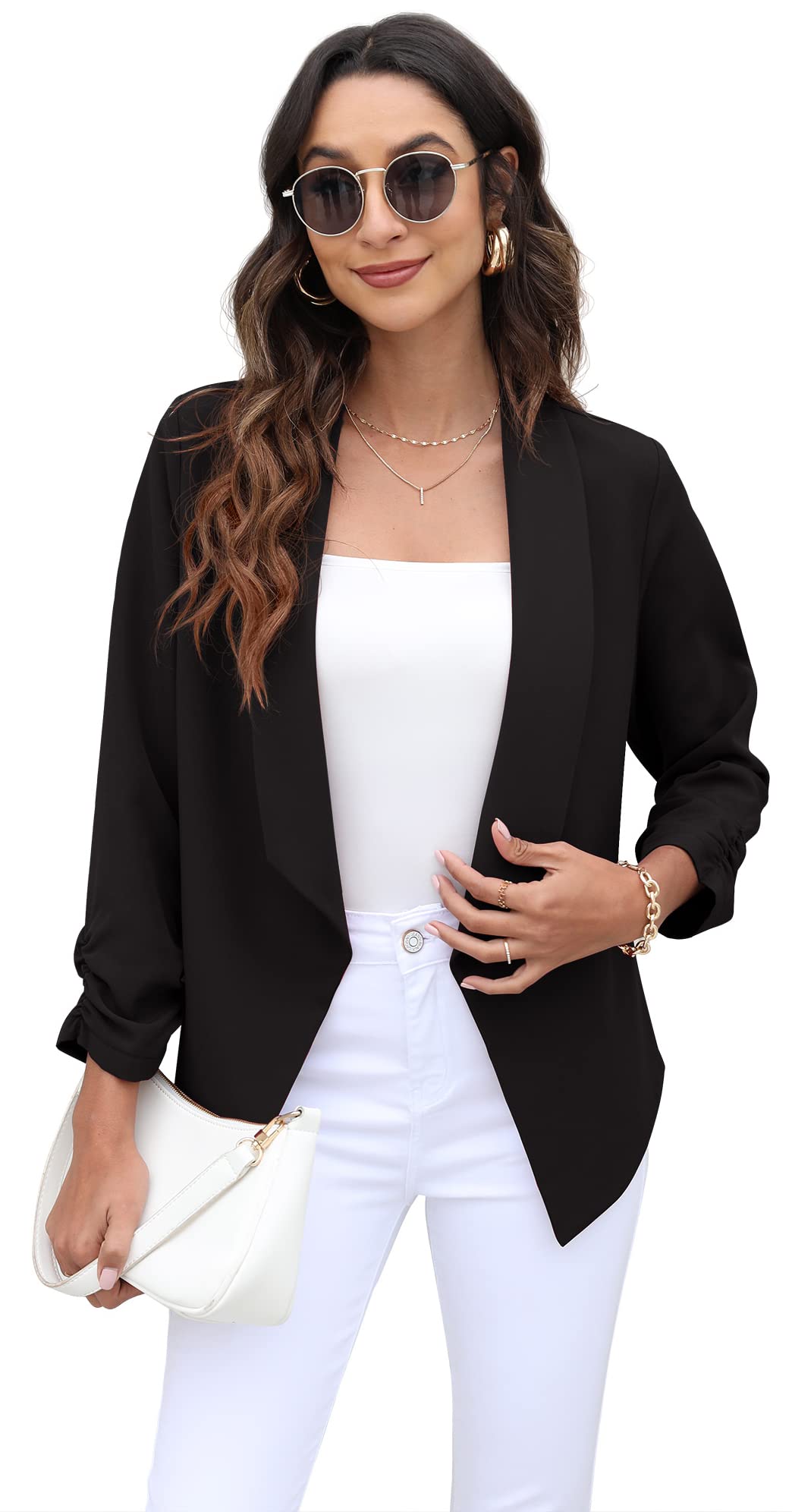 GRECERELLE Women's Blazer Suit Open Front Cardigan 3/4 Sleeve Fitted Jacket Casual Office Cropped Blazer Black-16