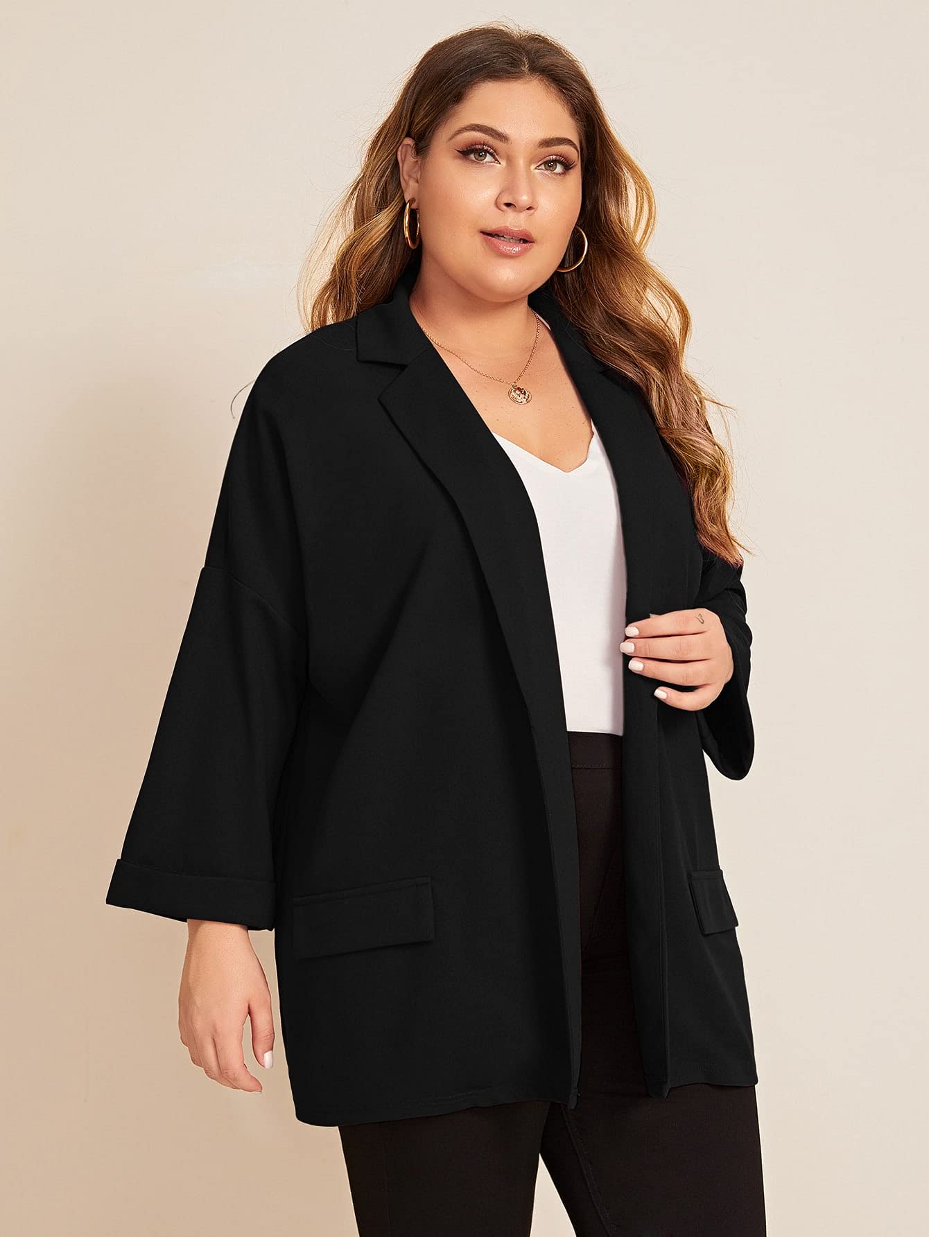 WDIRARA Women's Plus Size Long Sleeve Blazer Casual Open Front Cardigan Jacket Black 3XL