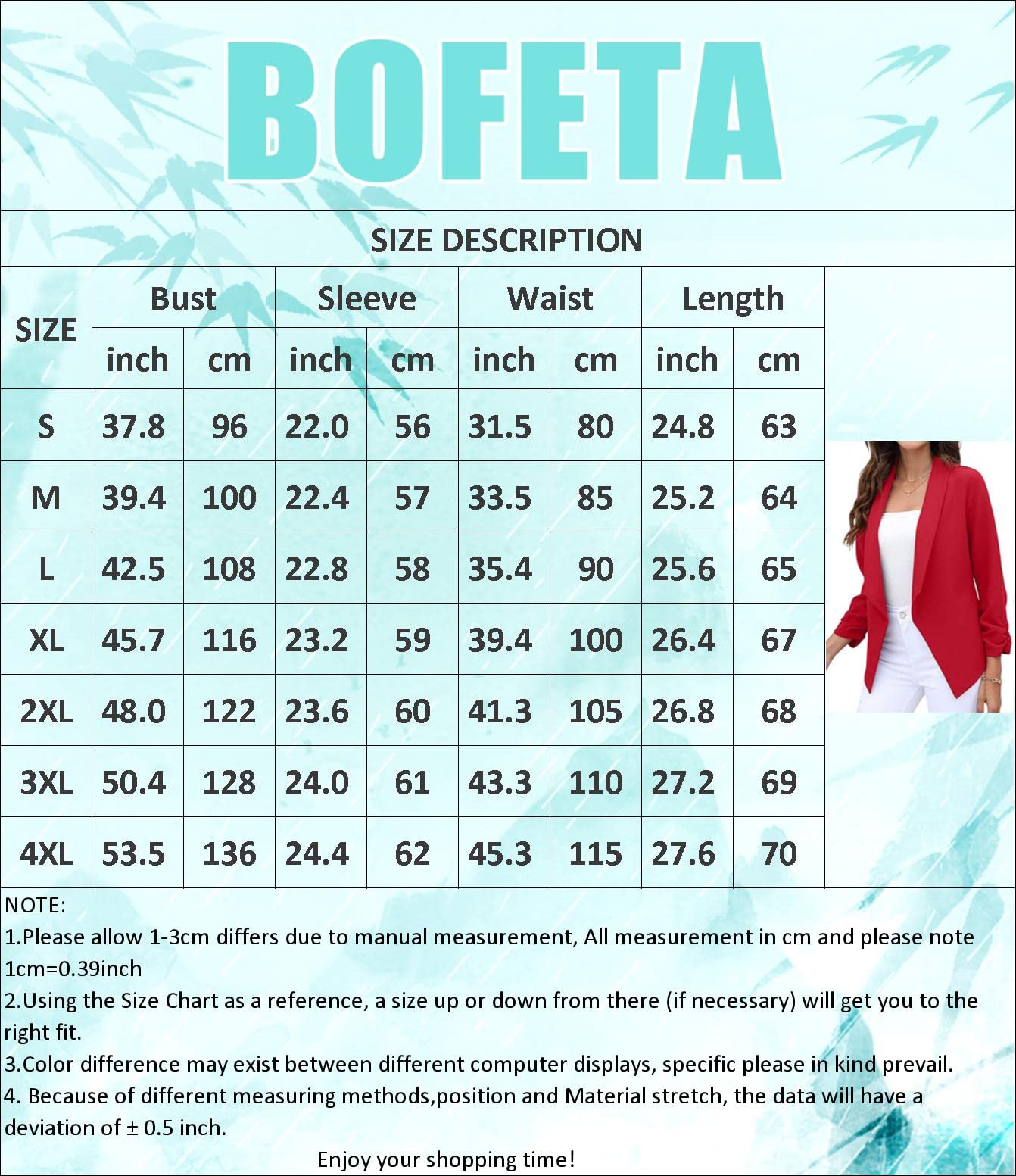 BOFETA Solid Color Blazer for Women Casual Ruched 3/4 Sleeve Lapel Ruched Sleeve Fit Blazer Red XL