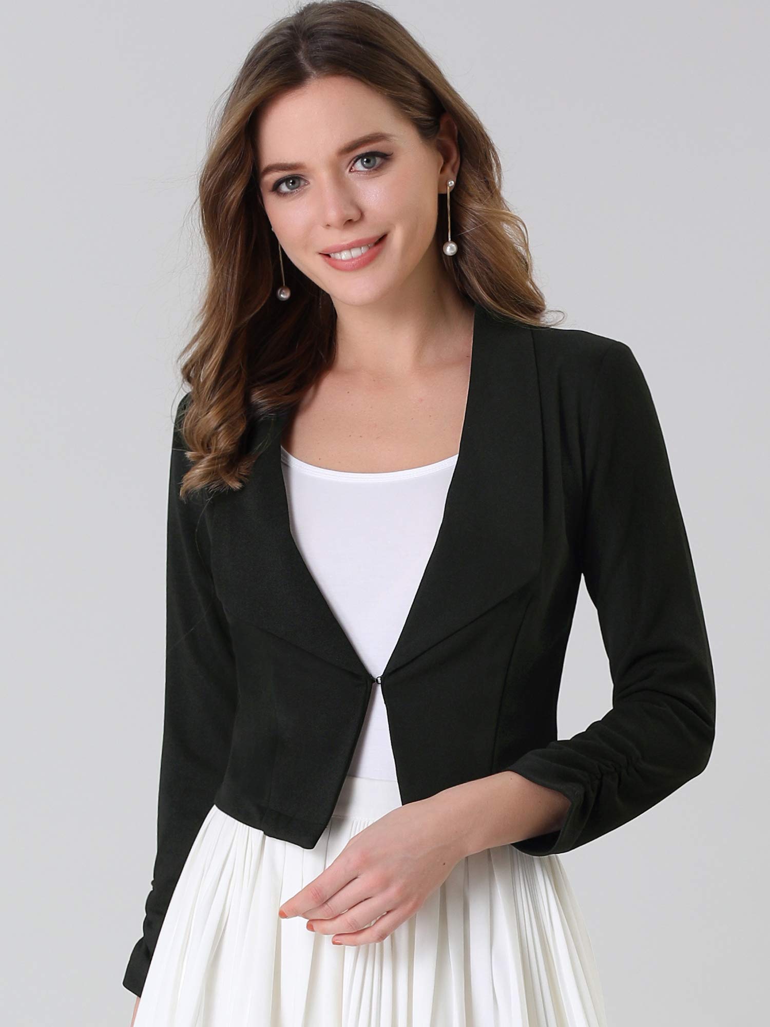 Allegra K Women's Notched Lapel Ruched Sleeve Jackets Business Cropped Blazer Small Black