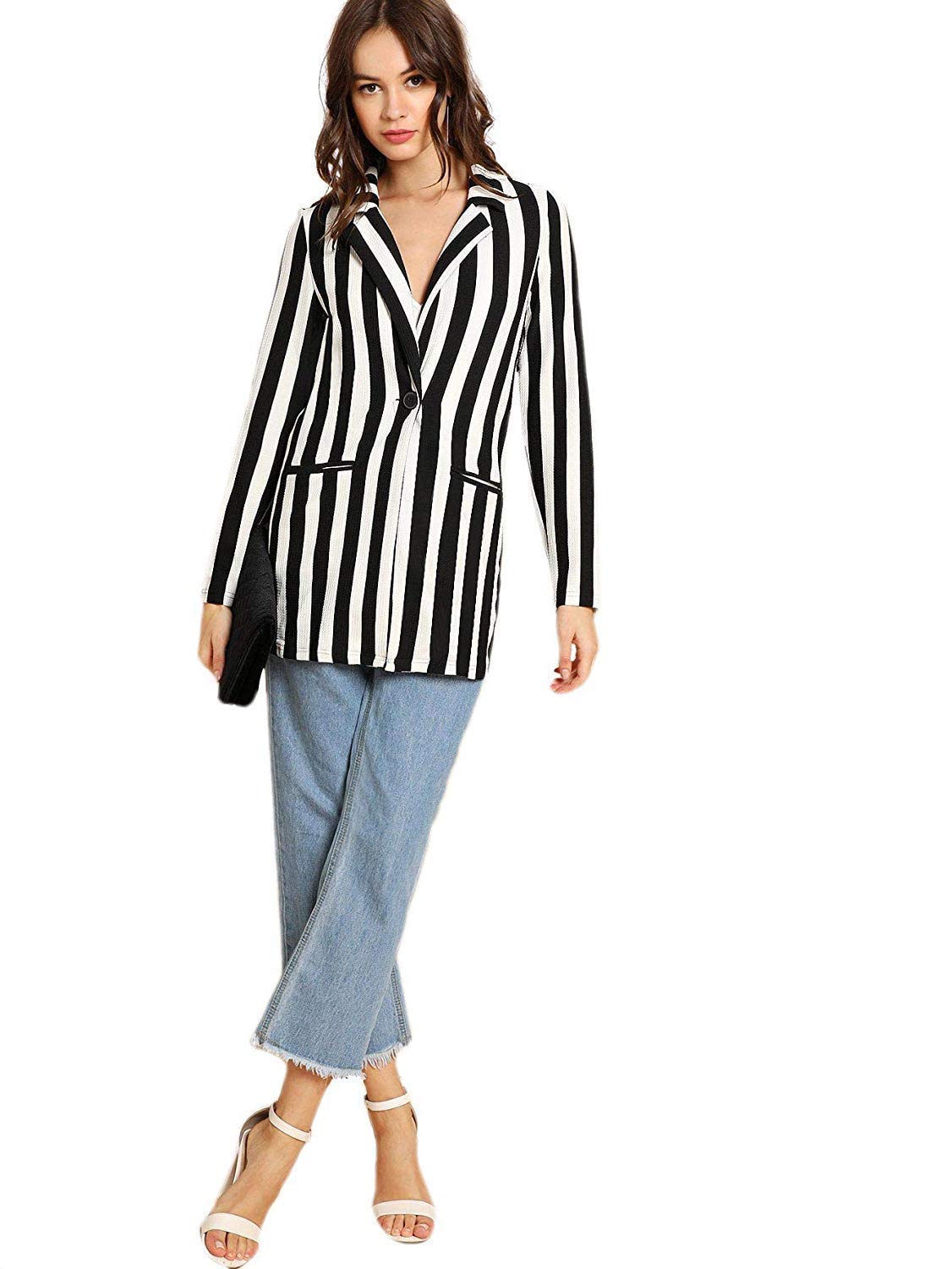 Floerns Women's Casual Work Office Open Front Striped Blazer Black White XL