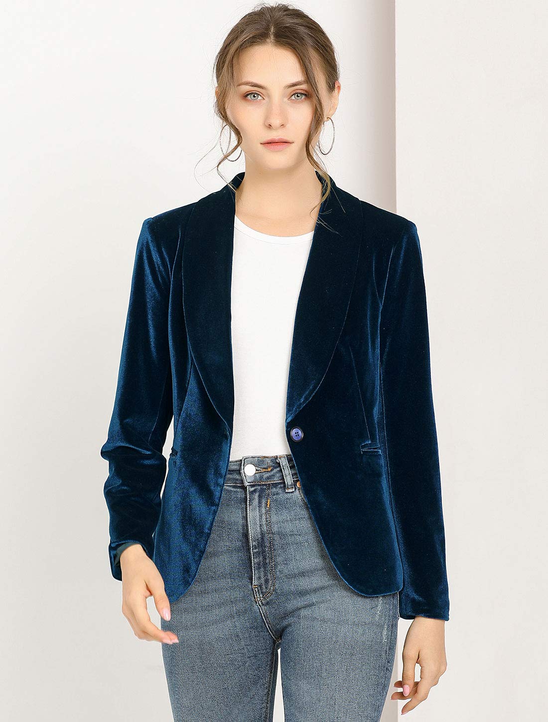 Allegra K Women's Christmas Office Coat Solid Shawl Collar 1 Button Velvet Blazer Medium Deep Blue