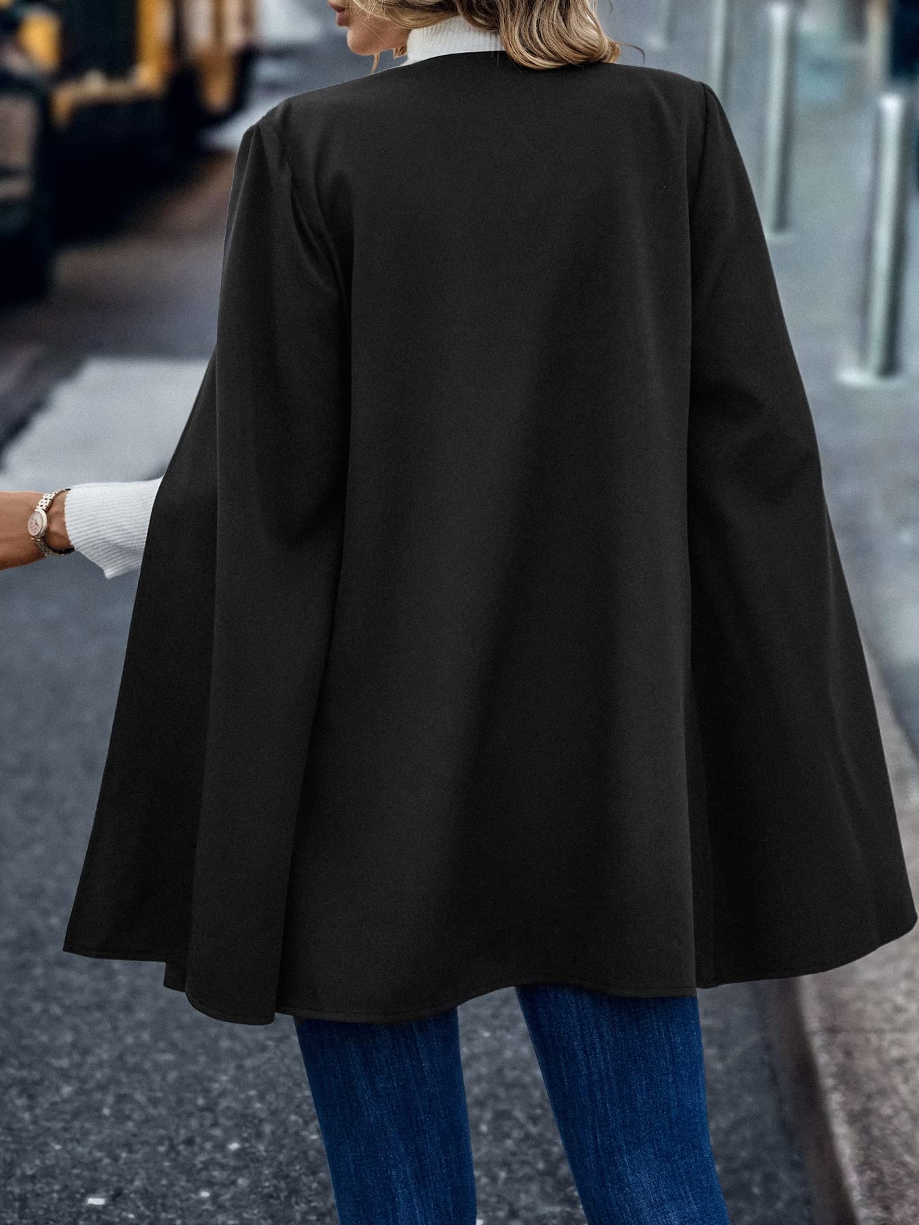 WDIRARA Women's Cape Blazer Cloak Split Sleeve Open Front Jacket Work Business Casual Blazer Solid Cape Coats Black L