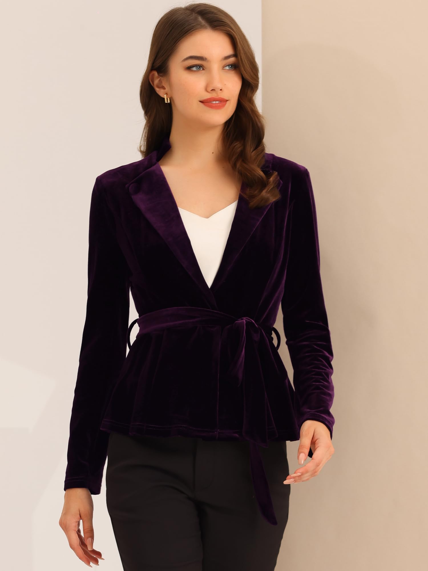 Allegra K Women's Work Office Velvet Belted Lapel Collar Blazer Jacket Medium Purple