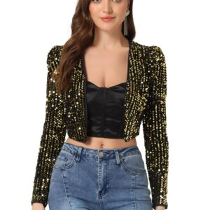 Allegra K Women's Sequin Shrug Open Front Collarless Christmas Glitter Sparkly Crop Blazer Jacket Small Black Gold