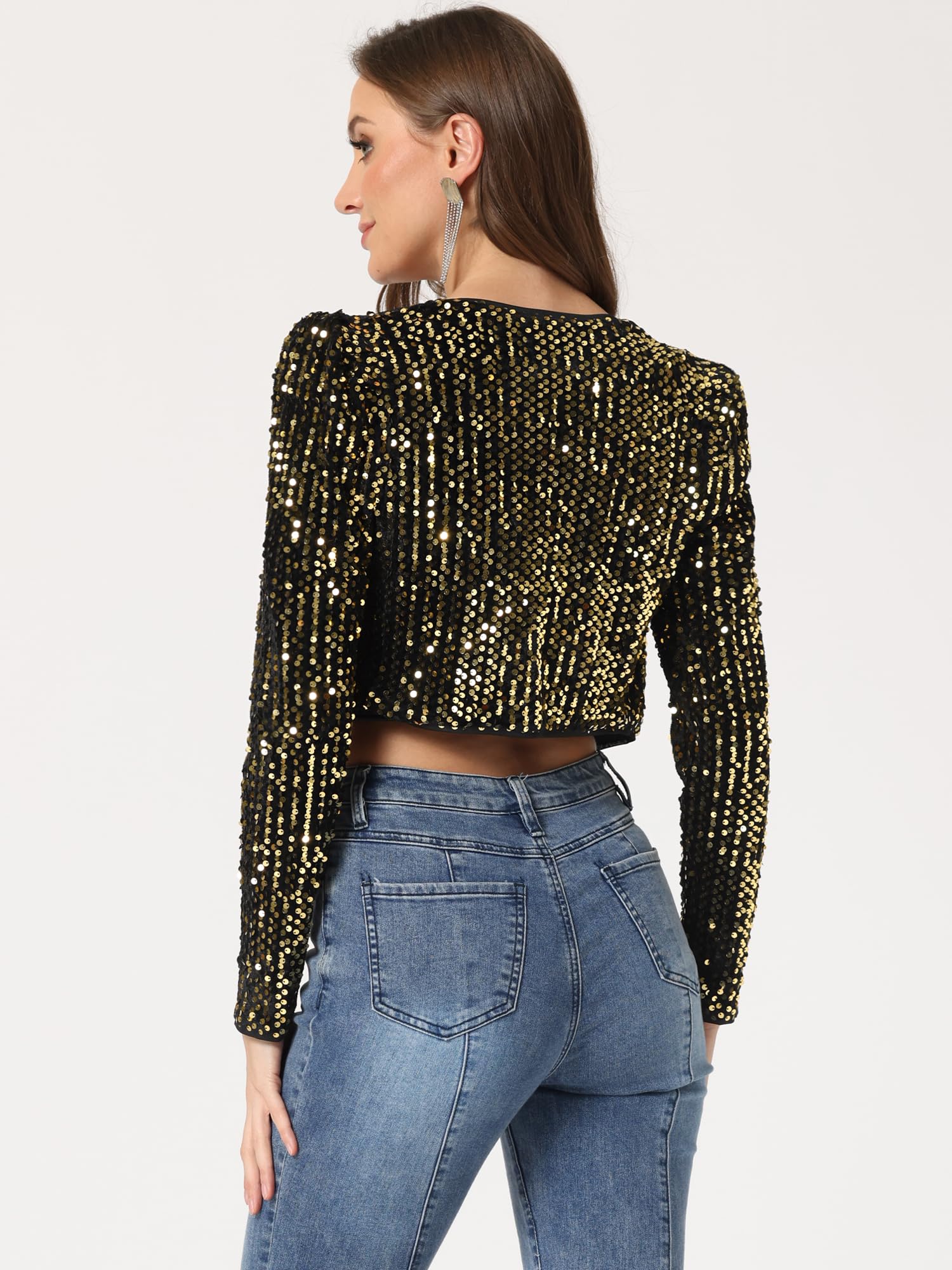 Allegra K Women's Sequin Shrug Open Front Collarless Christmas Glitter Sparkly Crop Blazer Jacket Small Black Gold