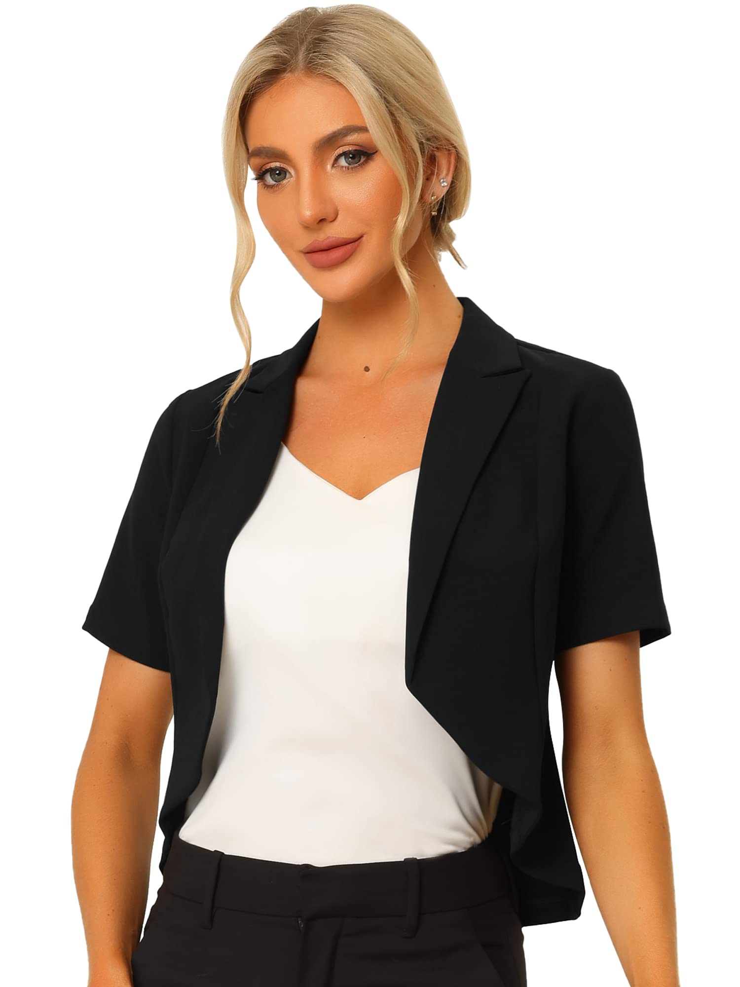 Allegra K Women's Business Casual Lapel Short Sleeve Open Front Cropped Work Office Blazer Large Balck