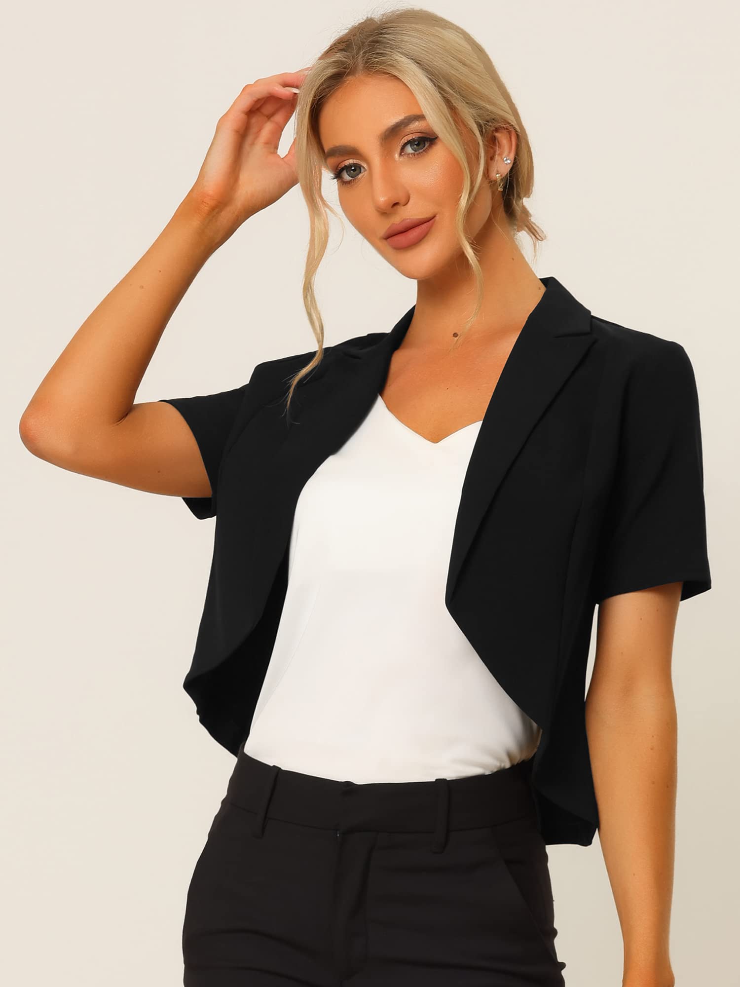 Allegra K Women's Business Casual Lapel Short Sleeve Open Front Cropped Work Office Blazer Large Balck